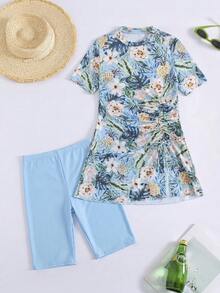 Swim Mulvari 2 Stücke/Set Frühling/Sommer Neue Tropische Pflanze & Blumen Muster Eng Geschnürte Burkinis Top und Shorts Strand Urlaub Casual Bademode für Frauen - Verschiedenfarbig - Übersicht 6