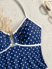 SHEIN Fato de banho tankini para raparigas adolescentes, azul-marinho com bolinhas e debrum em contraste, top de fato de banho com decote halter decorado, adequado para natação, férias, praia no verão, conjunto de fato de banho infantil, férias de verão - Azul Real - Ver 4