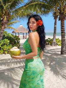 Sweetina 度假性感花卉印花不对称金属装饰女士背心 - 綠色 - 查看 2