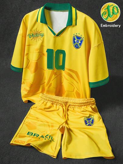 PAVTROS Bộ đồ thể thao nam phong cách đường phố chủ đề World Cup màu vàng và xanh lá cây, thích hợp mặc hàng ngày, đi chơi với bạn bè, làm quà tặng cho bạn trai/chồng, quà kỷ niệm.