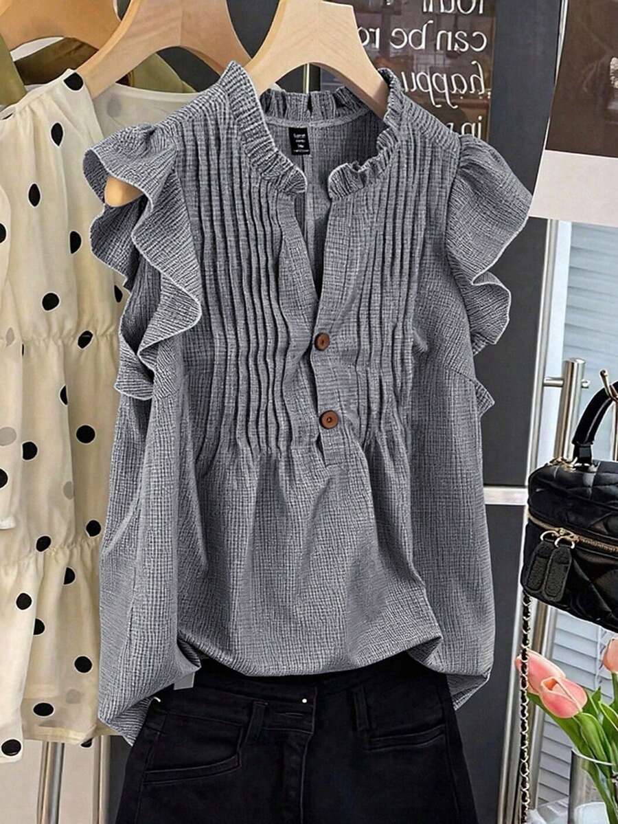 Franclia Camisa casual a cuadros con cuello de volantes y cordón ajustable, talla grande - Negro - Ver 1