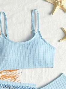 SHEIN 3件套女童比基尼套装，特殊面料，夏季沙滩装 - 藍色 - 查看 3