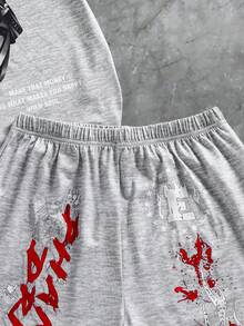 SHEIN Streecool Kids 2件套休闲简约青少年男童短袖圆领T恤+裤子套装，夏季Y2K风格骷髅印花短袖街头时尚T恤，青少年男童服装 - 灰色 - 查看 6