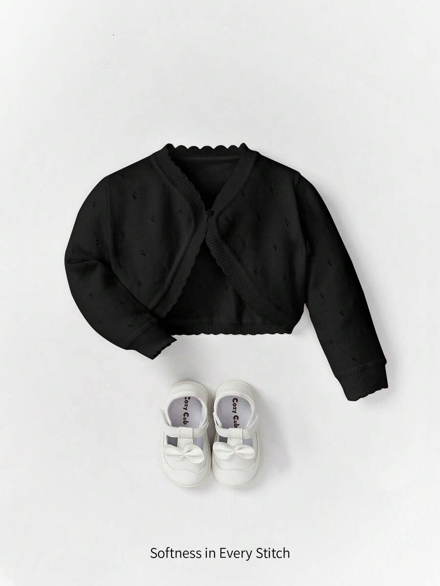 SHEIN 女婴白色针织轻质开衫,带装饰边 - 黑色 - 查看 1