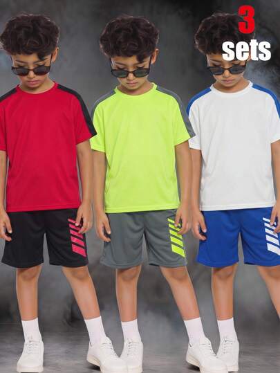 SHEIN 3 Set Alana 2 Bedava Çocuk/Erkek Çocuk Günlük Yumuşak Rahat Yuvarlak Yaka Bol Kısa Kollu Tişört ve Spor Şort Çok Parçalı Eşofman Takımı, Y2K Tarzı, SS26, İlkbahar/Yaz, Geziler, Sevgililer Günü, Randevular, Seyahat, Tatiller, Aile Toplantıları, Okula Dönüş, Düğünler, Partiler, Spor, Doğum Günleri İçin Uygun