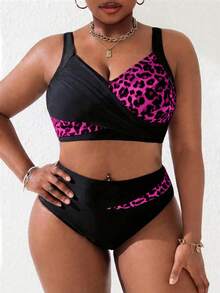 Slaydiva Plus Size Women 2pcs Black & Pink Splice Ruched Tankini Swimwear Set, Summer Beach Holiday - Multicolor - View 3