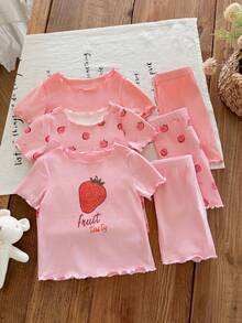 SHEIN LMoss Kids Piyama Rajut Lembut Lengan Pendek Leher Bulat Motif Kartun Lucu untuk Bayi Perempuan, 6 Potong, Musim Panas - Berwarna merah muda - View 3