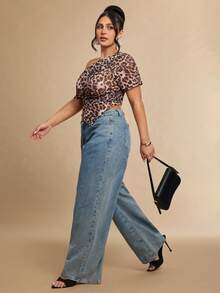 SHEIN BAE 大码女式不对称豹纹印花衬衫 - 彩色 - 查看 5