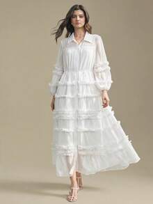 Ontre Women's Elegant Romantic White Long Sleeve Chiffon Maxi Dress,Autumn Tea Party Vacation Ruffle Hem A-Line Dress,Semi-Sheer Button Front Date Gown - White - View 1