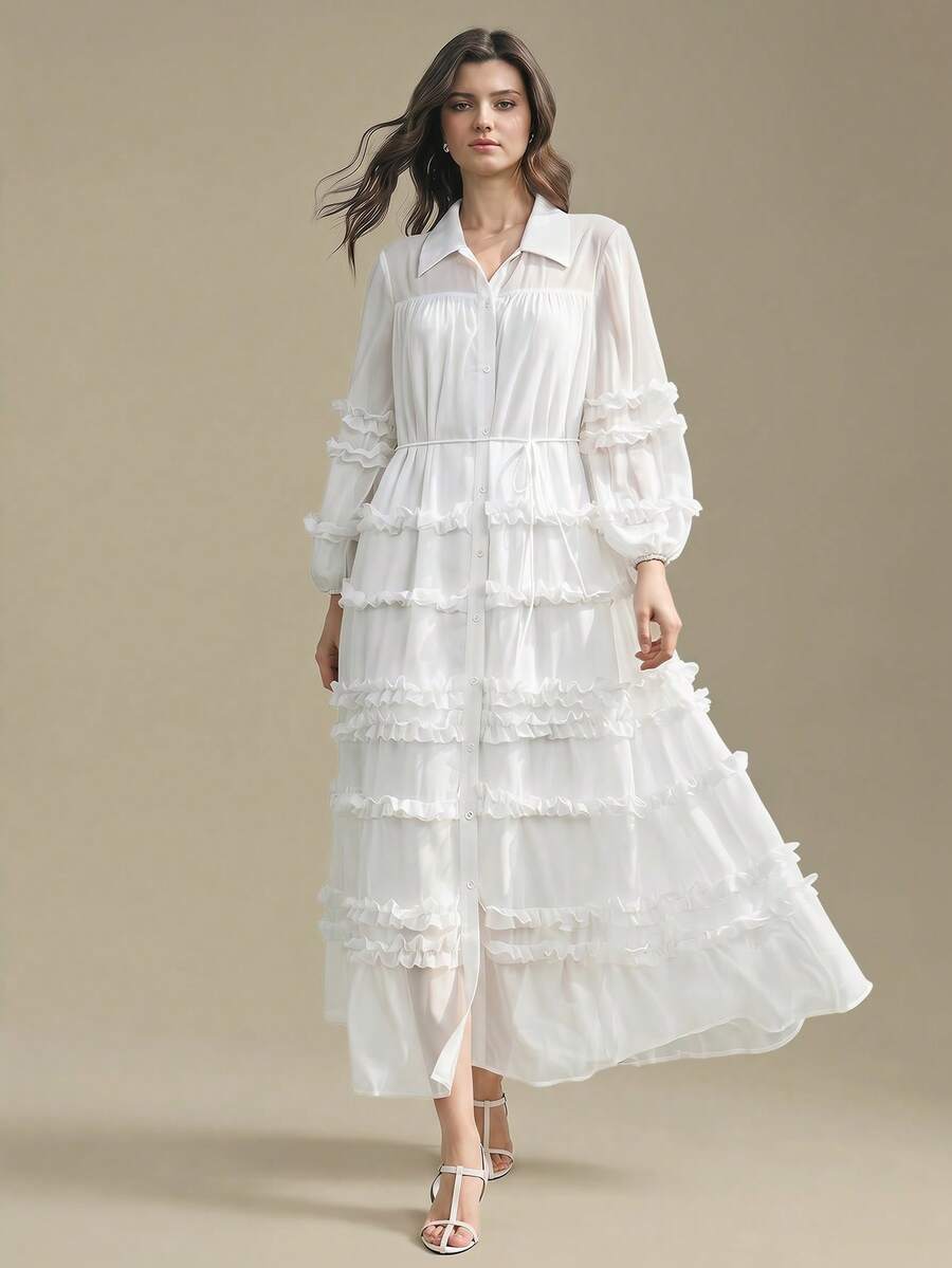 Ontre Women's Elegant Romantic White Long Sleeve Chiffon Maxi Dress,Autumn Tea Party Vacation Ruffle Hem A-Line Dress,Semi-Sheer Button Front Date Gown - White - View 1