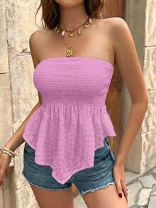 Top bandeau de diseño fruncido de unicolor con bajo asimétrico de moda para vacaciones de mujer - Rosa - Ver 3
