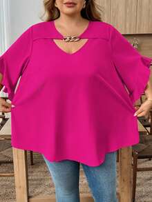 SHEIN CURVE+ Plus Size Women Solid Color Metal Decor Casual Versatile Daily Wear Blouse - Hot Pink - View 5