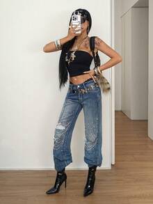 StreetHx Quần jean denim nữ kiểu dáng thường ngày, rách, có túi và khuy cài, thích hợp mặc hàng ngày. - Màu xanh lam - Xem 8