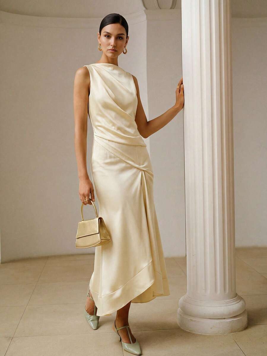 ZEYLAH Asymmetrical Ruched Dress, Spring/Summer Dinner Cream White Elegant - Yellow - View 1