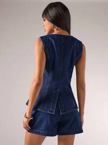 SHEIN BAE Áo sơ mi denim nữ một hàng cúc, kiểu dáng thường ngày, đa năng, thích hợp mặc hàng ngày. - Rửa tối - Xem 2