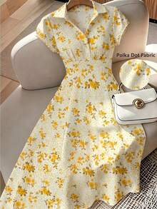 Franclia Đầm maxi dáng chữ A tay ngắn thanh lịch kiểu Pháp cổ điển dành cho nữ cỡ lớn, họa tiết hoa nhí, cổ áo sơ mi, ôm eo, thích hợp cho kỳ nghỉ ở vùng quê Ý, đầm mùa hè tay ngắn màu vàng họa tiết hoa nhí, đầm dự tiệc trà chiều mùa hè mới. - Màu vàng - Xem 1