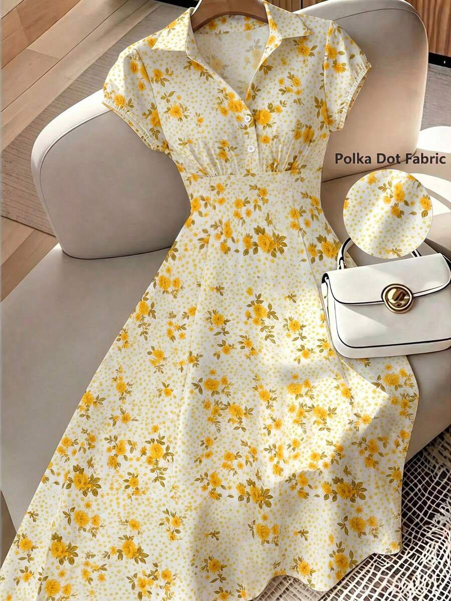 Franclia Đầm maxi dáng chữ A tay ngắn thanh lịch kiểu Pháp cổ điển dành cho nữ cỡ lớn, họa tiết hoa nhí, cổ áo sơ mi, ôm eo, thích hợp cho kỳ nghỉ ở vùng quê Ý, đầm mùa hè tay ngắn màu vàng họa tiết hoa nhí, đầm dự tiệc trà chiều mùa hè mới. - Màu vàng - Xem 1