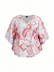 Enliva Blusa de manga de murciélago con estampado de mármol en talla grande, para el verano - Multicolor - Ver 5