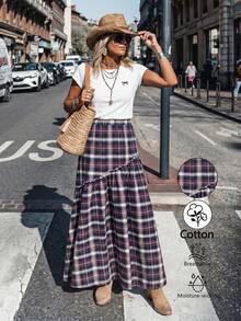 SHEIN LilyWest Chân váy nữ kiểu phương Tây, họa tiết kẻ caro, viền bèo nhún, cạp cao, chất liệu cotton, phong cách boho, dáng maxi. - Nhiều màu - Xem 1