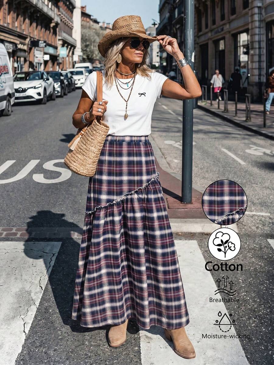 SHEIN LilyWest Chân váy nữ kiểu phương Tây, họa tiết kẻ caro, viền bèo nhún, cạp cao, chất liệu cotton, phong cách boho, dáng maxi. - Nhiều màu - Xem 1