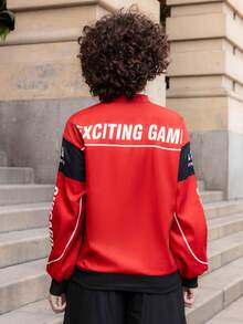 Xuxu's by Gio Letter Pattern Contrast Color Drop Shoulder Bomber Jacket For New Year Clothes Fall Winter Cloth For Women - Red - View 2