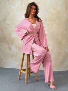 SHEIN Women's Two Pieces Set In Solid Pink – Kimono And Wide Leg Pants - Pink - View 6