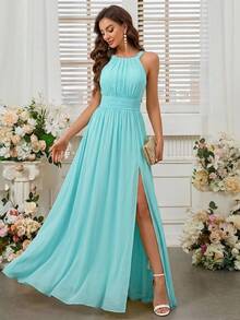 SHEIN Belle Đầm phù dâu xẻ cao, thắt eo, kiểu cổ yếm. - Màu xanh ngọc - Xem 3