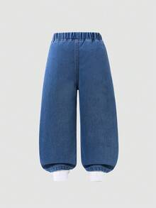 SHEIN Vintaside Kids 女童休闲牛仔裤，轻薄牛仔布，松紧腰带，彩色花卉刺绣，宽松直筒裤型，柔软棉质面料，适合日常穿着、外出、上学、春夏穿着。 - 中等水洗藍 - 查看 3