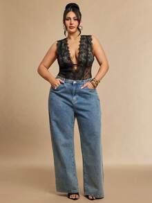 SHEIN BAE Áo liền thân gợi cảm phối ren, xuyên thấu, dành cho nữ cỡ lớn, thời trang. - màu đen - Xem 6
