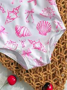 SHEIN Bộ đồ bơi liền thân in hình vỏ sò cho trẻ sơ sinh, viền bèo nhún, kiểu dáng ôm vừa vặn thoải mái, thích hợp cho kỳ nghỉ. - Nhiều màu - Xem 4