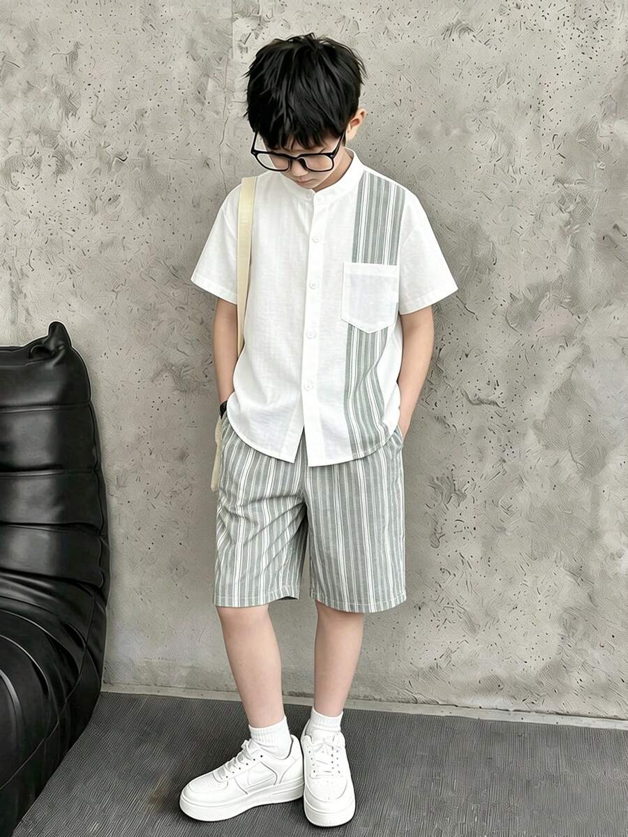 2pcs/Set Older Boys' Summer Casual Street Fashion Woven Blue And White Stripe Jacquard & Solid Patchwork Short Sleeve Shirt With Shorts,Vacation Fit - Green - View 1