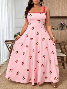 Weeklong Plus Size Women's Cherry Print Spaghetti Strap Dress, Casual Vacation Comfortable Outdoor Wear, Spring/Summer - Pink - View 7