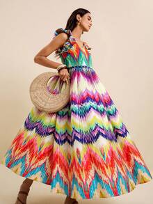 SURIMA Women's Spring/Summer Vacation Crochet Colorful Textured Print Square Neck Ruffle Strap Straight Print Dress - Multicolor - View 3