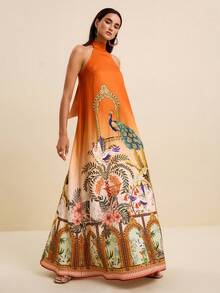 LOTSLUV Women's Orange Summer Boho Tropical Casual Elegant Dress, Ombre Print With Halter Neck Tie,Peacock,Floral Architecture Prints Vacation - Multicolor - View 1