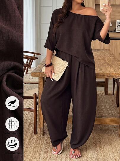 Weeklong Conjunto de 2 piezas de pantalones harem holgados con hombros asimétricos para mujer de talla grande, adecuado para uso diario y vacaciones