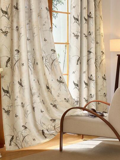 1 pieza Cortina elegante de lino natural con rama de gorrión y diente de león, adecuada para sala de estar, dormitorio y talla grande