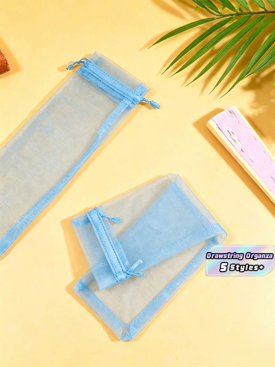 10/20/30/50/100pcs Drawstring Organza Gift Bag For Folding Hand Fan Storage, Pouches Tulle Bags,Rectangular Gift Bag, Craft Wrapping Bags Party Wedding Favor;Birthday Present,Kraft Paper Bags,First Birthday,Pink Christmas Wrapping Paper,Gift Box Small, Gift Bag(White) - Light blue - View 1