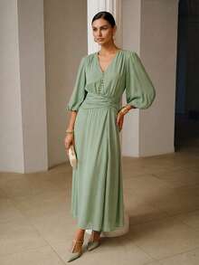 ZEYLAH Vestido elegante y romántico con cintura ceñida y fruncido, para primavera/verano - Verde - Ver 4