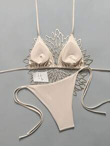 Swim Mod Conjunto de bikini de verano para mujer de unicolor con escote halter y lazos, traje de baño sexy - Beis - Ver 2