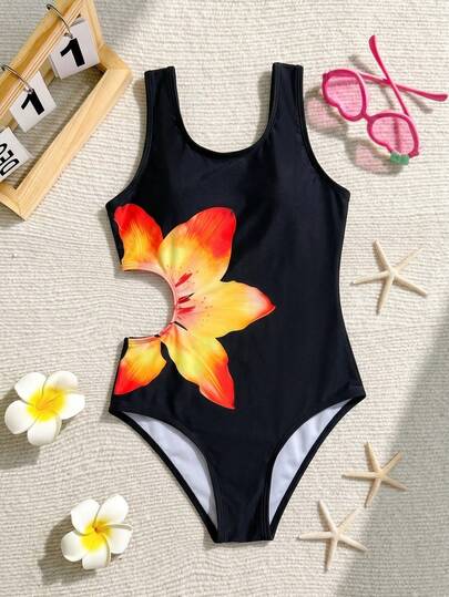 SHEIN 少女连体泳衣，花卉数码印花图案，涤纶面料，无袖连体裤，腰部镂空设计，适合海滩和泳池派对