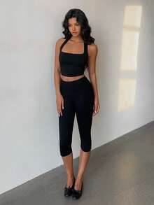 Flirla Set de 2 piezas de top corto de cuello alto informal y leggings con dobladillo dividido de ajuste ceñido, para todas las estaciones - Negro - Ver 5