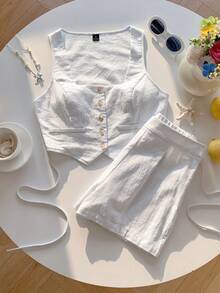 Comfortcana Bộ đồ 2 món màu trắng 100% cotton, áo croptop không tay, thích hợp cho mùa đông, lễ Phục sinh, tiệc tùng, đi biển, đám cưới, lễ tốt nghiệp, thanh lịch, thường ngày, kỳ nghỉ, thể thao, trang trọng, phong cách Y2K, công sở. Được trang trí bằng sequin, tua rua, bèo nhún, hoa và họa tiết. - trắng - Xem 6