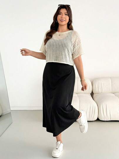 SHEIN Essnce Bộ đồ đôi thời trang xuân/hè dành cho nữ cỡ lớn, dáng rộng, co giãn, thoải mái, cơ bản, đa năng, tôn dáng, màu mơ, gồm áo khoác ngắn tay xuyên thấu và áo vest đen, kiểu dáng đơn giản, thích hợp cho sân bay, phong cách châu Âu mùa hè.