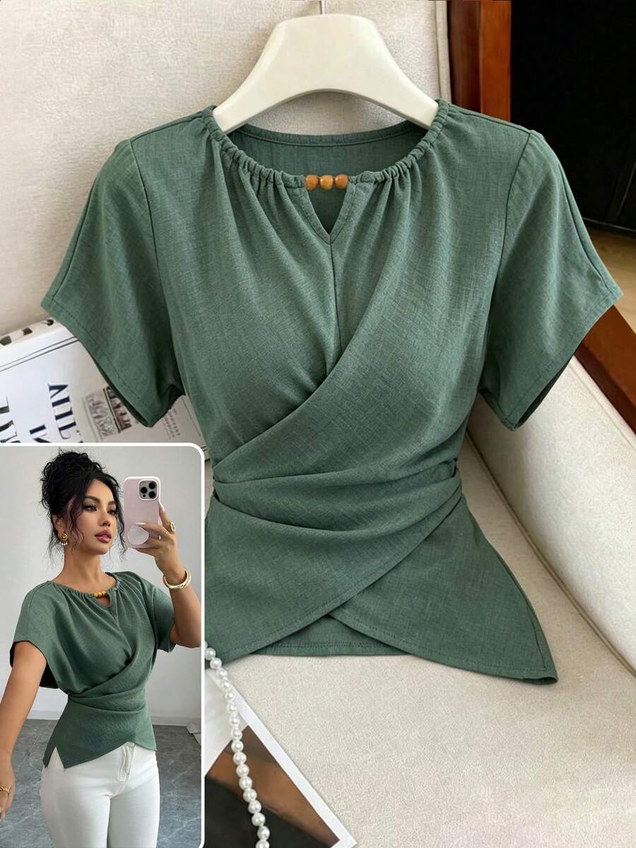 Elenzga Áo kiểu nữ màu xanh lá cây thanh lịch, cổ tròn, thắt nơ chéo, đính hạt gỗ, tay ngắn, ôm dáng, thích hợp cho mùa xuân/hè. - màu xanh lá - Xem 1