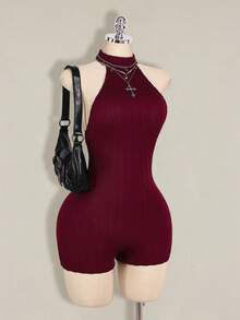 SHEIN ICON Bộ jumpsuit ôm sát cổ cao hở lưng màu đen dành cho nữ, kiểu dáng cơ bản thường ngày. - Màu Đỏ Sâu - Xem 5