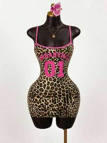 SaltGleam SaltGleam Women's Pink Cheetah Print Summer Bodycon Mini Dress,Spaghetti Strap Leopard Print & Letter Graphic Color Block,Cow Boy Club Night Out Clubwear - Multicolor - View 4