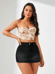 SHEIN ICON 大码女式休闲度假浅蓝色牛仔短裙 - 黑色 - 查看 6