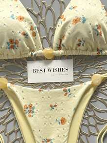 Swim Mod 2026 Spring/Summer Hollow Fabric Yellow Ditsy Floral Bikini Set, Indie Style Minimalist Fresh Floral Beach Vacation Slimming Two Pieces Swimwear - Multicolor - View 6