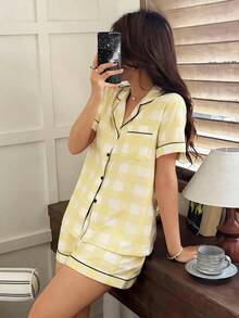 Napfluff Conjunto de pijama con estampado de cuadros en el cuello - Amarillo - Ver 6