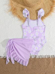 SHEIN 少女碎花连体泳衣和迷你裙套装，适合海滩度假、泳池派对、沙滩派对 - 淡紫色 - 查看 2